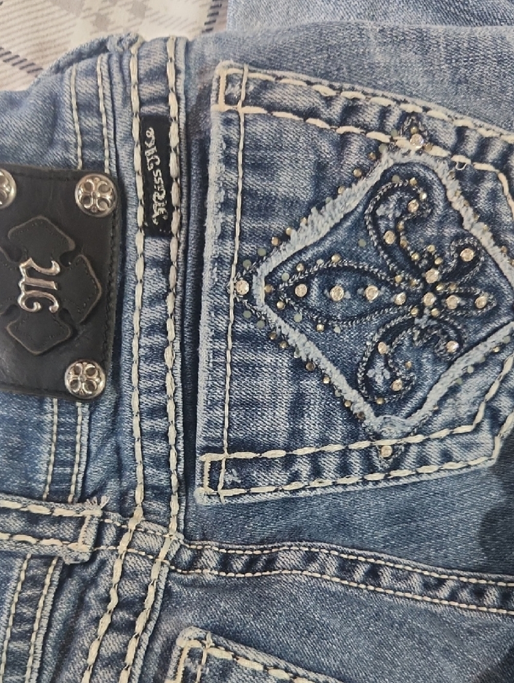 Miss Me Blue Wash Bootcut Jeans with Distressed Accents - Picture 5 of 7